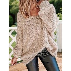 Plus Size, Women's Plus Size Oversized Beige Sweater - Elegant Long Sleeve Round Neck Loose Fit Pullover, Cozy Overskill Layering Piece for Fall & Spring, Wrinkle-Resistant Casual to Formal Wear (Machine Washable)