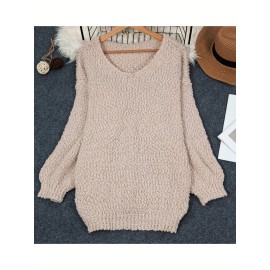 Plus Size, Women's Plus Size Oversized Beige Sweater - Elegant Long Sleeve Round Neck Loose Fit Pullover, Cozy Overskill Layering Piece for Fall & Spring, Wrinkle-Resistant Casual to Formal Wear (Machine Washable)