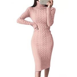 Womens Fashion Long Sleeve Turtleneck Sweater Dresses Knitted Bodycon Midi Sheath Jumper Dresses