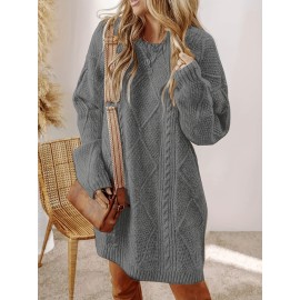 Plus Size, Beige Cable Sweater Dress - Oversized Slouchy Mid-Length Dress with Drop Shoulder, Cozy Winter Dress for Fall/Winter, Beige Cable Pattern Pullover, Elegant Casual to Dressy Wear