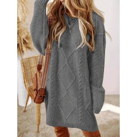 Plus Size, Beige Cable Sweater Dress - Oversized Slouchy Mid-Length Dress with Drop Shoulder, Cozy Winter Dress for Fall/Winter, Beige Cable Pattern Pullover, Elegant Casual to Dressy Wear