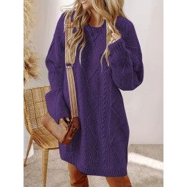 Plus Size, Beige Cable Sweater Dress - Oversized Slouchy Mid-Length Dress with Drop Shoulder, Cozy Winter Dress for Fall/Winter, Beige Cable Pattern Pullover, Elegant Casual to Dressy Wear