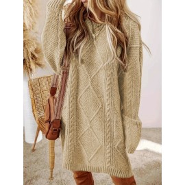 Plus Size, Beige Cable Sweater Dress - Oversized Slouchy Mid-Length Dress with Drop Shoulder, Cozy Winter Dress for Fall/Winter, Beige Cable Pattern Pullover, Elegant Casual to Dressy Wear