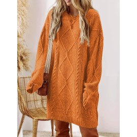 Plus Size, Beige Cable Sweater Dress - Oversized Slouchy Mid-Length Dress with Drop Shoulder, Cozy Winter Dress for Fall/Winter, Beige Cable Pattern Pullover, Elegant Casual to Dressy Wear