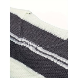 Plus Size - Plus Size - Plus Size Elegant V-Neck Sweater Dress with Contrast Color Blocking - Long Sleeve Winter Warmth, Elastic Mid-Length Skirt and Straight Hemline Women'S Comfortable Pullover for Casual to Semi-Formal Wear