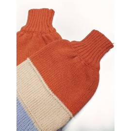 Plus Size - Plus Size - Plus Size Elegant V-Neck Sweater Dress with Contrast Color Blocking - Long Sleeve Winter Warmth, Elastic Mid-Length Skirt and Straight Hemline Women'S Comfortable Pullover for Casual to Semi-Formal Wear