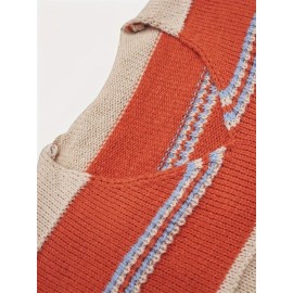 Plus Size - Plus Size - Plus Size Elegant V-Neck Sweater Dress with Contrast Color Blocking - Long Sleeve Winter Warmth, Elastic Mid-Length Skirt and Straight Hemline Women'S Comfortable Pullover for Casual to Semi-Formal Wear