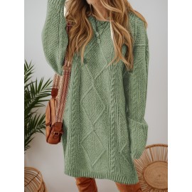 Plus Size - Beige Cable Diamond Drop-Shoulder Sweater Dress, Oversized Slouchy Mid-Length Sweater, Warm and Cozy, Suitable for Autumn and Winter