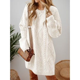 Plus Size - Beige Cable Diamond Drop-Shoulder Sweater Dress, Oversized Slouchy Mid-Length Sweater, Warm and Cozy, Suitable for Autumn and Winter