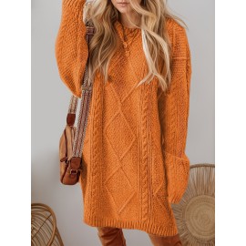 Plus Size - Beige Cable Diamond Drop-Shoulder Sweater Dress, Oversized Slouchy Mid-Length Sweater, Warm and Cozy, Suitable for Autumn and Winter