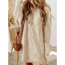 Plus Size - Beige Cable Diamond Drop-Shoulder Sweater Dress, Oversized Slouchy Mid-Length Sweater, Warm and Cozy, Suitable for Autumn and Winter