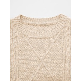 Plus Size - Beige Cable Diamond Drop-Shoulder Sweater Dress, Oversized Slouchy Mid-Length Sweater, Warm and Cozy, Suitable for Autumn and Winter