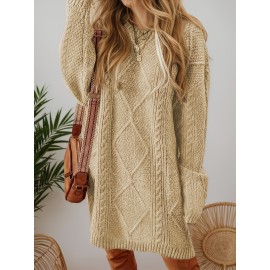 Plus Size - Beige Cable Diamond Drop-Shoulder Sweater Dress, Oversized Slouchy Mid-Length Sweater, Warm and Cozy, Suitable for Autumn and Winter