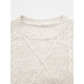 Plus Size - Beige Cable Diamond Drop-Shoulder Sweater Dress, Oversized Slouchy Mid-Length Sweater, Warm and Cozy, Suitable for Autumn and Winter