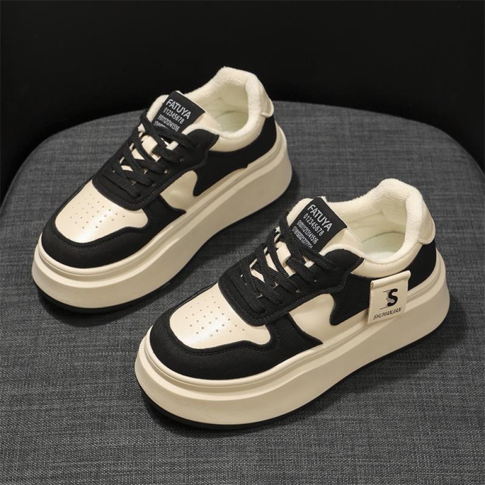 Winter Thick Sole Fleece Lined White Shoes Women | New Non Slip Small Size Lace Up Height Increasing Black White Panda Plush Shoes, Casual Style with Polyurethane Upper and Rubber Sole, Women Shoes, Sneakers