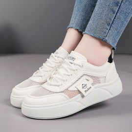 Women'S Chunky Platform Sneakers - Lightweight Cushioned Sole, Breathable Mesh Upper & Lace-Up Closure - All-Season Everyday Shoes for Gym, Office, Casual Outfits - Minimalist White Athletic Footwear, Women Shoes