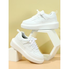 Couple Style Fashion Versatile White Shoes | Korean Version Height-Increasing Thick-Soled Casual Sports Shoes, Soft-Soled Shock-Absorbing Outdoor Walking Shoes, Lace-up Closure, Plain Toe, Solid Color, Low Top, Suitable for Spring, Women Shoes