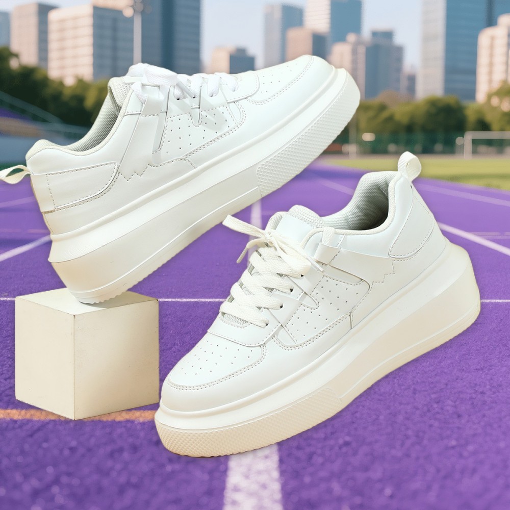 Couple Style Fashion Versatile White Shoes | Korean Version Height-Increasing Thick-Soled Casual Sports Shoes, Soft-Soled Shock-Absorbing Outdoor Walking Shoes, Lace-up Closure, Plain Toe, Solid Color, Low Top, Suitable for Spring, Women Shoes