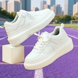 Couple Style Fashion Versatile White Shoes | Korean Version Height-Increasing Thick-Soled Casual Sports Shoes, Soft-Soled Shock-Absorbing Outdoor Walking Shoes, Lace-up Closure, Plain Toe, Solid Color, Low Top, Suitable for Spring, Women Shoes