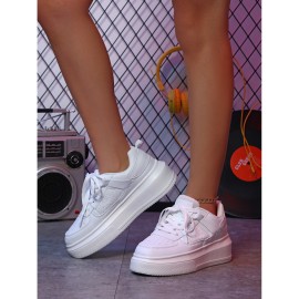 Couple Style Fashion Versatile White Shoes | Korean Version Height-Increasing Thick-Soled Casual Sports Shoes, Soft-Soled Shock-Absorbing Outdoor Walking Shoes, Lace-up Closure, Plain Toe, Solid Color, Low Top, Suitable for Spring, Women Shoes