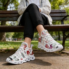 Women'S Lightweight Shock-Absorbing MD Sneakers with Lace-Up Closure | Breathable Fabric Upper, Cartoon Print, Suitable for Daily Wear and Long Walks, Women Shoes