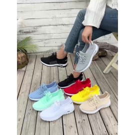 1 Pair Women'S Plus Size Knit Sports Shoes | All-season Lightweight, Soft, Non-slip Lace-up Walking Shoes with Fabric Upper and EVA Sole, Fashionable Solid Color for Daily Commute and Running, Women Shoes, Sneakers