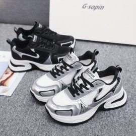 Women'S Dad Shoes Thick Sole Lightweight Sneakers | Fashionable Breathable Mesh Korean Style Casual Shoes 2026, Lace-up Closure, Plain Toe, Solid Color, Low Top, Spring Season, Women Shoes