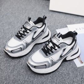 Women'S Dad Shoes Thick Sole Lightweight Sneakers | Fashionable Breathable Mesh Korean Style Casual Shoes 2026, Lace-up Closure, Plain Toe, Solid Color, Low Top, Spring Season, Women Shoes