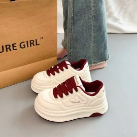 Hot-Selling Women'S Bread Shoes New Thick-Soled Versatile Super Popular White Shoes | Soft-Soled Height-Increasing Casual Sports Sneakers with Lace-up Closure, Plain Toe, Solid Color, Tassel Embellishment, Fabric Upper and Inner, Rubber Sole