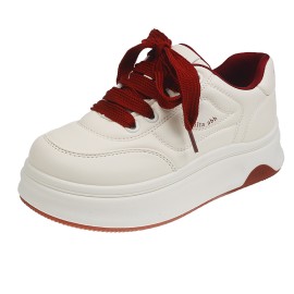 Hot-Selling Women'S Bread Shoes New Thick-Soled Versatile Super Popular White Shoes | Soft-Soled Height-Increasing Casual Sports Sneakers with Lace-up Closure, Plain Toe, Solid Color, Tassel Embellishment, Fabric Upper and Inner, Rubber Sole