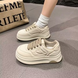 Hot-Selling Women'S Bread Shoes New Thick-Soled Versatile Super Popular White Shoes | Soft-Soled Height-Increasing Casual Sports Sneakers with Lace-up Closure, Plain Toe, Solid Color, Tassel Embellishment, Fabric Upper and Inner, Rubber Sole