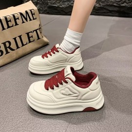 Hot-Selling Women'S Bread Shoes New Thick-Soled Versatile Super Popular White Shoes | Soft-Soled Height-Increasing Casual Sports Sneakers with Lace-up Closure, Plain Toe, Solid Color, Tassel Embellishment, Fabric Upper and Inner, Rubber Sole