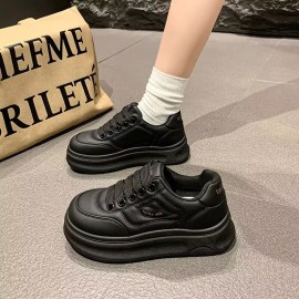 Hot-Selling Women'S Bread Shoes New Thick-Soled Versatile Super Popular White Shoes | Soft-Soled Height-Increasing Casual Sports Sneakers with Lace-up Closure, Plain Toe, Solid Color, Tassel Embellishment, Fabric Upper and Inner, Rubber Sole