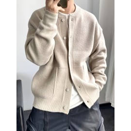 Men's Heavy Knit Cardigan Sweater Jacket - Soft Warm Winter Coat with Button Front, Oversized Long Length Suitable for Office & Casual Wear, Cream/Beige/Gray - Machine Washable Layering Coat, Christmas Gift for Men