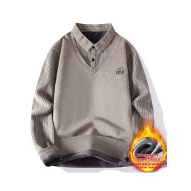 Foreign trade Men's long sleeved lapel fake 2pcs shirt collar with thick velvet sweater for teenagers and men, warm knit sweater, Layering Piece, Office Casual, Classic Knitwear, Warm Material, Durable Stitching, Pullover Sweater, Men’S Sweater