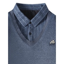 Foreign trade Men's long sleeved lapel fake 2pcs shirt collar with thick velvet sweater for teenagers and men, warm knit sweater, Layering Piece, Office Casual, Classic Knitwear, Warm Material, Durable Stitching, Pullover Sweater, Men’S Sweater