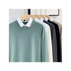 Men's New Korean Style Knit Sweater with Detachable Shirt Collar - Fake 2pcs Layering Top, Slim Fit Round Neck Sweaters Suitable for Fall/Winter, Black/Grey/Beige, Casual & -Casual Wear