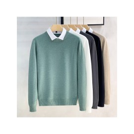 Men's New Korean Style Knit Sweater with Detachable Shirt Collar - Fake 2pcs Layering Top, Slim Fit Round Neck Sweaters Suitable for Fall/Winter, Black/Grey/Beige, Casual & -Casual Wear