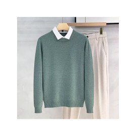 Men's New Korean Style Knit Sweater with Detachable Shirt Collar - Fake 2pcs Layering Top, Slim Fit Round Neck Sweaters Suitable for Fall/Winter, Black/Grey/Beige, Casual & -Casual Wear