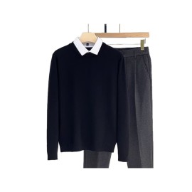 Men's New Korean Style Knit Sweater with Detachable Shirt Collar - Fake 2pcs Layering Top, Slim Fit Round Neck Sweaters Suitable for Fall/Winter, Black/Grey/Beige, Casual & -Casual Wear