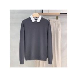 Men's New Korean Style Knit Sweater with Detachable Shirt Collar - Fake 2pcs Layering Top, Slim Fit Round Neck Sweaters Suitable for Fall/Winter, Black/Grey/Beige, Casual & -Casual Wear
