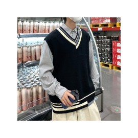 Men's Preppy Style V-Neck Wool Vest, Cream Base + Contrast Trim + Oversized Fit, Trendy Sleeveless DK Uniform Lazy Waistcoat