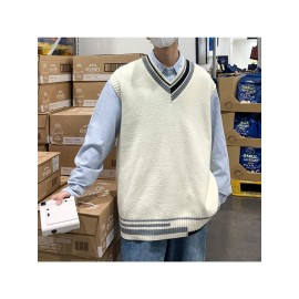 Men's Preppy Style V-Neck Wool Vest, Cream Base + Contrast Trim + Oversized Fit, Trendy Sleeveless DK Uniform Lazy Waistcoat