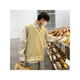 Men's Preppy Style V-Neck Wool Vest, Cream Base + Contrast Trim + Oversized Fit, Trendy Sleeveless DK Uniform Lazy Waistcoat