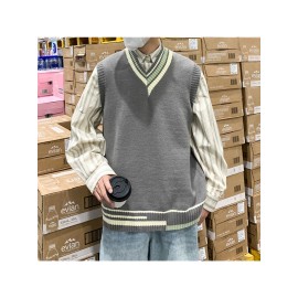 Men's Preppy Style V-Neck Wool Vest, Cream Base + Contrast Trim + Oversized Fit, Trendy Sleeveless DK Uniform Lazy Waistcoat