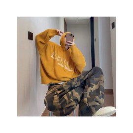 Salted Egg Yellow American Style Hooded Sweater for Men, Loose and Lazy Style Knitted Sweater Jacket for Autumn and Winter