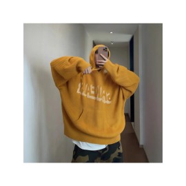 Salted Egg Yellow American Style Hooded Sweater for Men, Loose and Lazy Style Knitted Sweater Jacket for Autumn and Winter