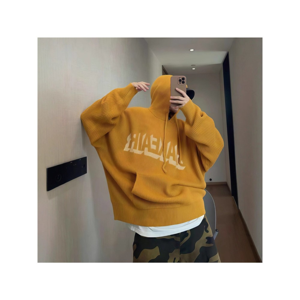 Salted Egg Yellow American Style Hooded Sweater for Men, Loose and Lazy Style Knitted Sweater Jacket for Autumn and Winter