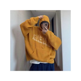 Salted Egg Yellow American Style Hooded Sweater for Men, Loose and Lazy Style Knitted Sweater Jacket for Autumn and Winter