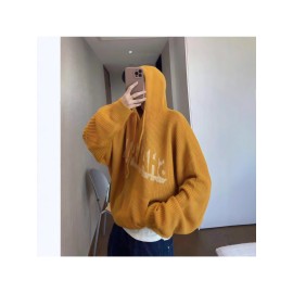 Salted Egg Yellow American Style Hooded Sweater for Men, Loose and Lazy Style Knitted Sweater Jacket for Autumn and Winter